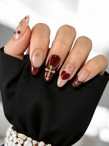 10片法式美甲贴纸，手工杏仁形按压式美甲贴，亚克力假指甲贴纸，DIY美甲贴纸套装，Y2K复古风格，3D十字心月装饰，镀金艺术设计，镶嵌白色珍珠/宝石，表面光滑，全覆盖假指甲，可重复使用，适用于美甲沙龙、女孩和女士日常美甲、节日派对和礼物、夏季美甲配饰。送给女孩的礼物。 - 彩色 - 查看 3