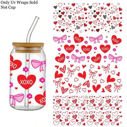 UV DTF Cup Wrap Sticker - 4 Sheets Love, Valentine'S Day Love Flower Pattern Designs UV DTF Cup Stickers 16oz Glass Water Bottle, Mugs, Decorative DIY Craft Supplie PVC Self-Adhesive Heart Valentine's Day Dtf Transfers Stickers For DIY Mug Crafts Valentine'S Day Gifts