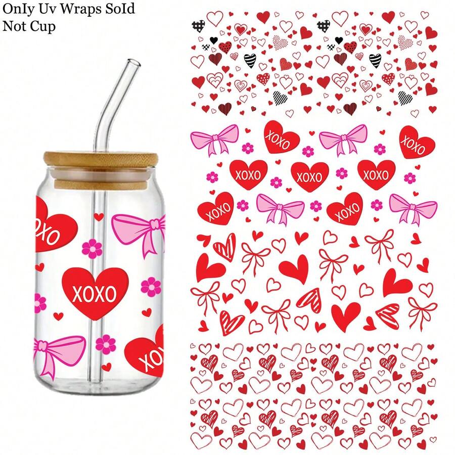 UV DTF Cup Wrap Sticker - 4 Sheets Love, Valentine'S Day Love Flower Pattern Designs UV DTF Cup Stickers 16oz Glass Water Bottle, Mugs, Decorative DIY Craft Supplie PVC Self-Adhesive Heart Valentine's Day Dtf Transfers Stickers For DIY Mug Crafts Valentine'S Day Gifts