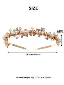 1pc Gold Crystal Leaf & Faux Pearl Decor Headband, Bohemian Style Bridal Wedding Headpiece - Gold - View 3