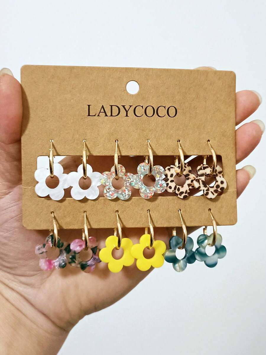 6对时尚夏季亚克力吊坠耳环，适合女士佩戴，采用低过敏性316不锈钢耳钩，超可爱旋转设计