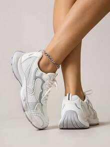 1双女士厚底厚底运动鞋，四季皆宜，平底网面圆头百搭灰色复古休闲鞋，户外系带时尚运动鞋 - 灰色 - 查看 3