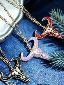 男士西部牛仔风格合金彩绘牛头吊坠项链（1件装） - 項鍊 - 查看 11