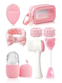 4/7/8/10pcs/Set Facial Beauty Care & Massage Tool Kit Combo - Face Massage Scraper, Roller, Ice Mold, Cleansing Brush, Face Mask Brush, Washing Sponge, Headband, Wristband, Toiletry Bag, Makeup Bag