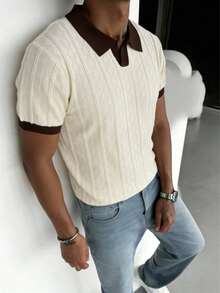 GRDR Męski sweter letni z okrągłym dekoltem i krótkim rękawem w jednolitym kolorze, odpowiedni na letnie wyjścia, niezbędny do modnych stylizacji - Morela - Zobacz 2