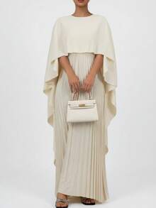 Women's Solid Color Cape Sleeve Pleated Splicing Mock Two-Piece Long Formal Maxi Dress, Elegant Celebrity Style Banquet Party Evening Gown For Valentine's Day, Wedding Guest & Banquet & Gala Dresses - 杏色 - 查看 4