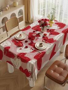 This Valentine's Day Tablecloth Is Made Of Mixed Polyester Fabric In A Rectangular Design, Featuring Hand-Painted Pink And Black/Red Heart Patterns And "Love" Text. It Is Versatile For Use In Homes, Living Rooms, And Cafes. - Multicolor - View 12