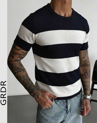  Camiseta de punto de manga corta con rayas de contraste para hombre GRDR - Moda minimalista para uso diario