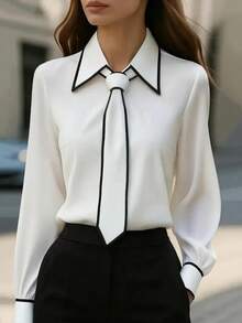 1pc Women's Contrast Color Trim Knotted Elegant Long Sleeve Blouse, Suitable For Holiday, Office, Daily Wear, All Seasons - White - View 1