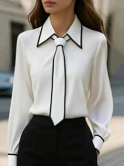 1pc Women's Contrast Color Trim Knotted Elegant Long Sleeve Blouse, Suitable For Holiday, Office, Daily Wear, All Seasons