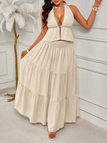 AIJ 女士新款夏季休闲度假两件套：上衣+A字长裙，沙滩度假装 - 杏色 - 查看 7