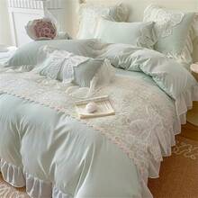 Lovely Bow Chic Duvet Cover Set - Ruffle Lace Polyester Comforter Cover - French Princess Style Bedding - 2 Piece Twin Duvet Cover With Zipper Close - No Comforter - White, Twin Size, Bedroom Decor - 綠色 - 查看 1