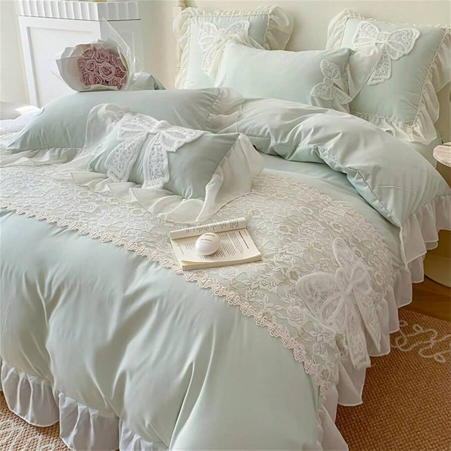 Lovely Bow Chic Duvet Cover Set - Ruffle Lace Polyester Comforter Cover - French Princess Style Bedding - 2 Piece Twin Duvet Cover With Zipper Close - No Comforter - White, Twin Size, Bedroom Decor - 綠色 - 查看 1