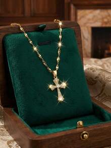 1pc Fashionable Micro-Inlaid Diamond Jesus Cross Copper Pendant Stainless Steel Necklace, Unisex, Exquisite Luxury Party Jewelry, Religious Christian Jewelry, Daily Wear - Multicolor - View 5