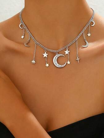 1件新款创意极简星月新月流苏项链