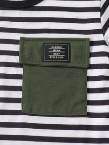 2pcs/Set Toddler Boys' Striped Contrast Pocket Round Neck Short Sleeve T-Shirt And Shorts Set, Casual, Holiday, Cycling, Sports, 4-7Y - Multicolor - View 5