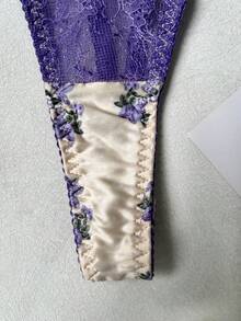 女士花卉印花蕾丝拼接性感内衣套装 - 紫色 - 查看 9