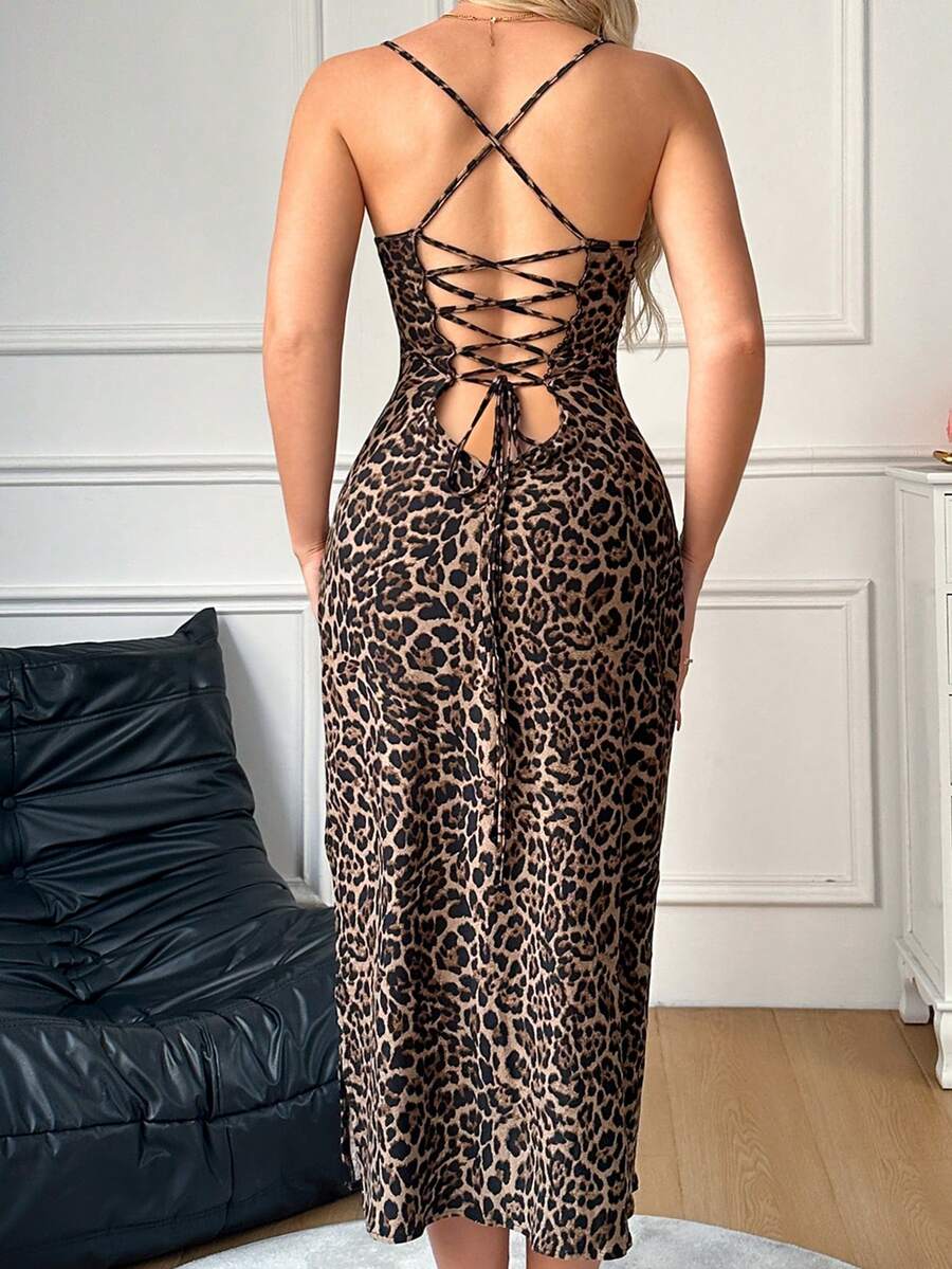 Women's Soft Leopard Print Backless Sexy Lingerie Nightgown - Maroon - View 1