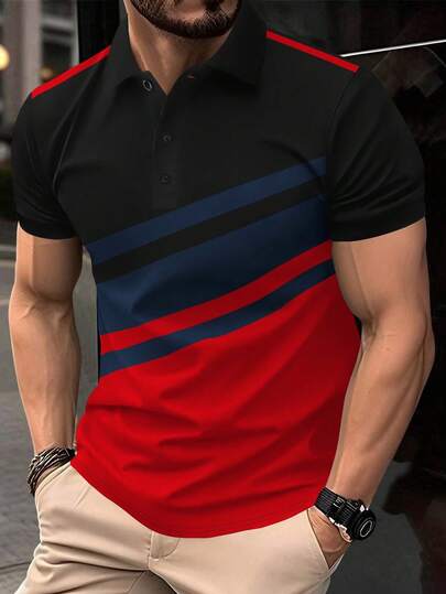 1 pieza Camisa tipo polo de estilo urbano con contraste de color, base negra con parches a rayas azul marino y rojo, corte slim, cuello de media cremallera, adecuado para ir al trabajo y uso casual