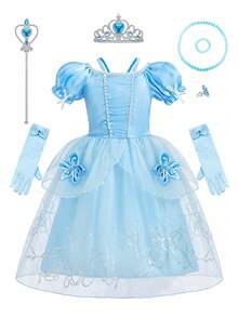 8pcs/Set Light Blue Girls Bubble Floral Sheer Floral Dress Accessories Set, Children Role Play Dress Up Costume For Party, Christmas, Halloween - Light Blue - View 11