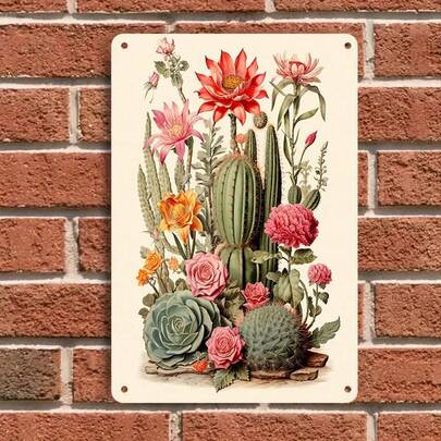1pc Vintage Cactus & Succulent Floral Iron Painting, Home Decor Wall Art For Living Room, Entryway, Dining Room, Patio, Garden, Outdoor Use
