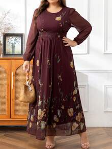 DEARCASE Plus Size Elegant Printed Lantern Sleeve A-Line Dress Spring Vacation - Multicolor - View 6