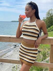 Women's Summer Striped Camisole Knit Top And Shorts Set, Vacation/Beach Outfit - Multicolor - View 11