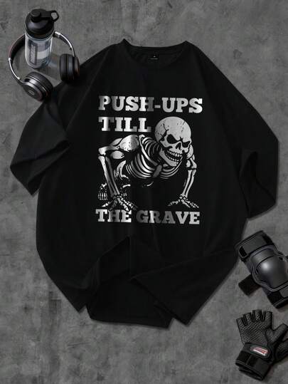 Men's Fitness Shirt Gothic Dark Style Print Round Neck Short Sleeve T-Shirt, Casual Summer T-Shirt, Suitable For Daily Wear And Vacation, Basic T-Shirt For Men