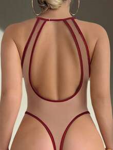 Women's Sheer Floral Embroidered Teddy Bear Camisole Backless Jumpsuit - Burgundy - View 4