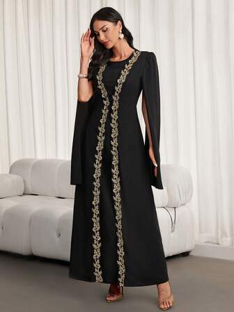 Women's Elegant Middle Eastern-Style Abaya Robes – Long-Sleeve, Patchwork/Solid-Color Options, Lace Trim, Suitable For Spring & Autumn, Graduation Ceremonies, Parties & Festival Celebrations