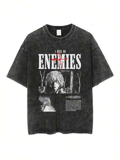 Camiseta Retro Lavada para Hombre Estilo Callejero Harajuku Impresión de Anime Camiseta de Verano Negra de Manga Corta Suelta de Algodón, Ropa de Verano, Ropa Casual, Camiseta Oversize, Diseño Retro, Material Transpirable, Textura Suave, Camiseta Impresa, Top Unisex, Moda Masculina, Cosplay de Fan de Anime