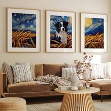 Conjunto de 3 peças de mural de parede em tela com Border Collie em céu estrelado, pôster com estampa de cachorro em aquarela, adequado para decoração de casa, decoração de quarto, decoração de sala de estar, decoração de banheiro, decoração de parede, arte de parede opcional com moldura.