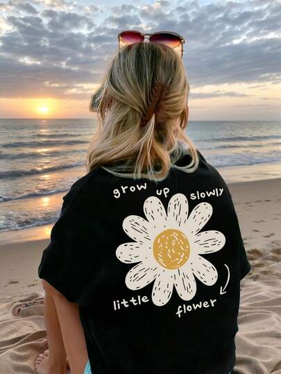 Tween Girl Floral & Letter Print Round Neck Short Sleeve Casual Versatile T-Shirt
