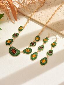 1 Set Of 2pcs Fashionable Classic Bohemian Style Geometric Multi-Color Enamel Inlaid Brown Faux Gemstone Necklace And Earrings Jewelry Set, Suitable For Women's Daily Commute, Social Gatherings, Vacation, Party, Versatile Accessory - Set - View 8