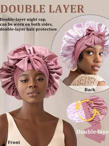1pc Women's Reversible Satin Sleeping Cap, Dual-Layer Elastic Drawstring Hair Bonnet, Wide Brim High Elasticity Hair Care Cap, Bow Ribbon Hair Band Cap, Suitable For Curly Hair, Daily Essential, Valentine's Day Gift - Multicolor - View 7