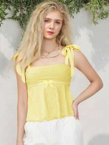 Women's Tie Shoulder Camisole Sleeveless Jacquard Mini Bow Slim Fit Summer Tank Tops - Amarillo claro - Ver 2