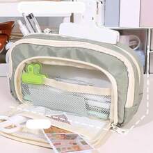 WEWI WADY Estuche para lápices de gran capacidad con3 compartimentos estuche para lápices con múltiples ranuras estuche para lápices organizador de papelería para el trabajo de oficina escolar Verde - Beis - Ver 5