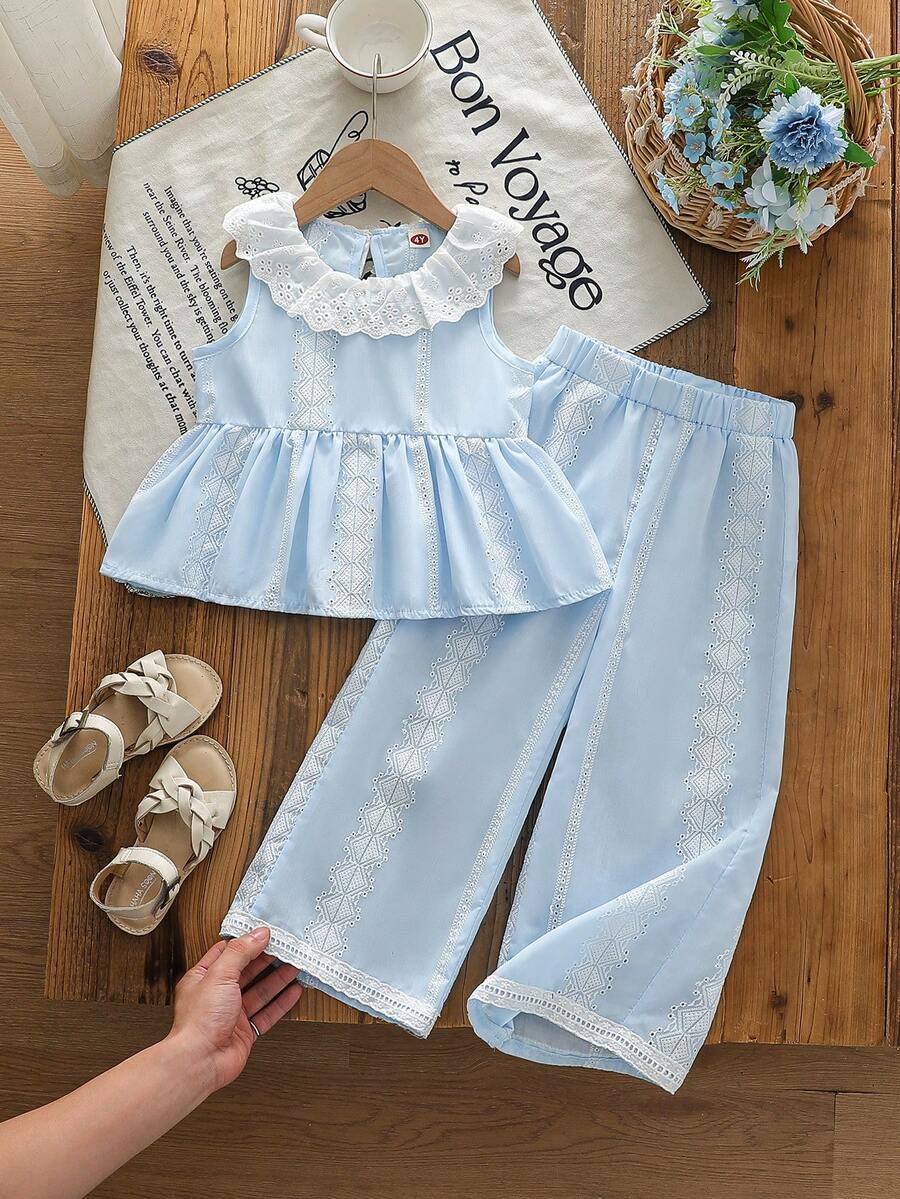 Young Girl' Fashion Casual Cute Set, Ruffle Collar Vest + Floral Hem Pants