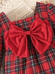 Baby Girl Cute Retro Chic Spring Autumn Thin Checkered Christmas Bow Decor Red Jumpsuit With Headband Set - Red - View 4