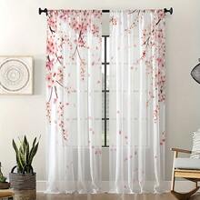 2PCS Simple And Romantic Pink Cherry Blossom Falling Printed Gauze Curtain, Spring Elegant Series Semi Transparent Home Decoration Gauze Curtain, Suitable For Living Rooms, Bedrooms, Study Rooms, Balconies, Offices And Restaurants All Year Round - 彩色 - 查看 6