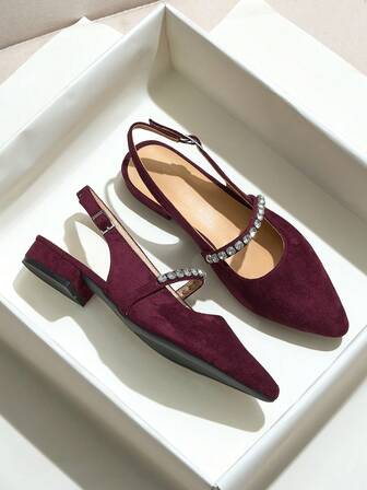 Sandalias sin espalda para mujer, tacón grueso burdeos con decoración de rhinestones, punta puntiaguda, tacón bajo francés, correa de tobillo, adecuado para uso casual, de negocios y actividades al aire libre