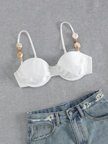 1 Stück einfarbiger süßer Stoff Rüschen Rückenfreier Bikini-Top, Urlaub am Strand, Frühling/Sommer, Perlen Unterbügel Weiß - Weiss - Übersicht 5