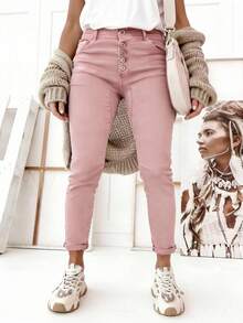 Quần nữ vải mỏng màu vải mỏng bạn trai mùa hè thiết yếu túi nút mặc hàng ngày - Hồng - Xem 2