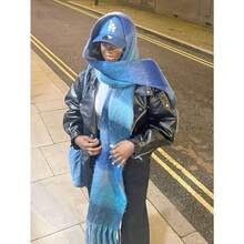 1pc Leopard Print Autumn/Winter Fashion Striped Plaid Fleece Warm Women Boucle Deep Brown Wool Thick Scarf, Warm Acrylic Scarf Like Cashmere, Bohemian Casual Windproof Couple Shawl, Comfortable Blanket Scarf, Suitable For Daily Wear For Dress - 藍色 - 查看 4