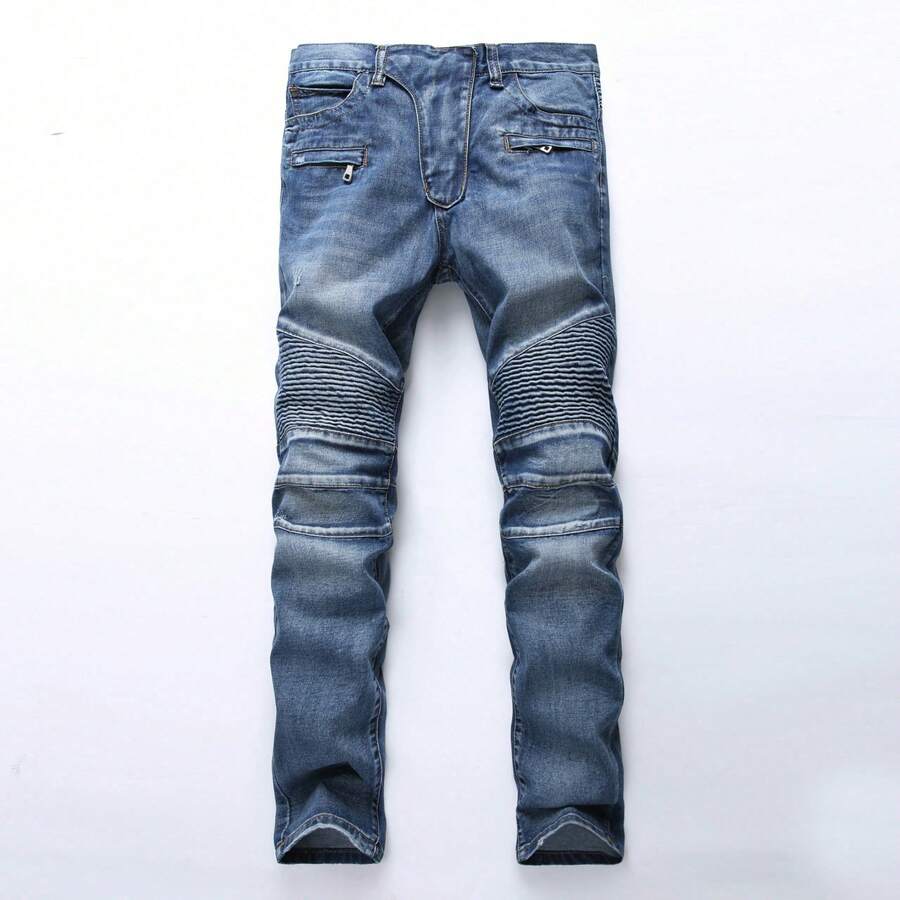 Nueva moda jeans slim casual stretch plisado slim moda jeans - Azul - Ver 1