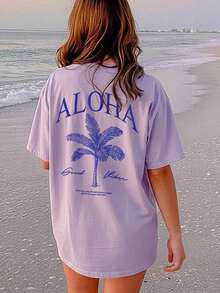 2026 Summer Shirts Women's New Palm Tree Slogan Print Casual Round Neck Short Sleeve T-Shirt, Fashionable Resort Style, Your Daily Essential Item. Gr - 紫色 2 - 查看 7