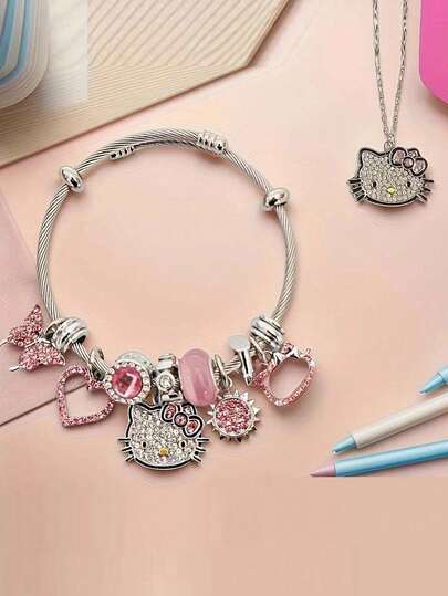 1 Set  Jewelry Set (Necklace + Bracelet), Adjustable Cartoon Bracelet And Rhinestone Necklace With Hollow Design (Cute Cartoon Gift, Suitable For Teenagers And Daily Wear Accessories, Birthday Gift)