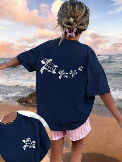 Girls' Soft & Comfortable Sea Turtle Print T-Shirt, Suitable For Daily Wear And Vacation Outfits In Summer