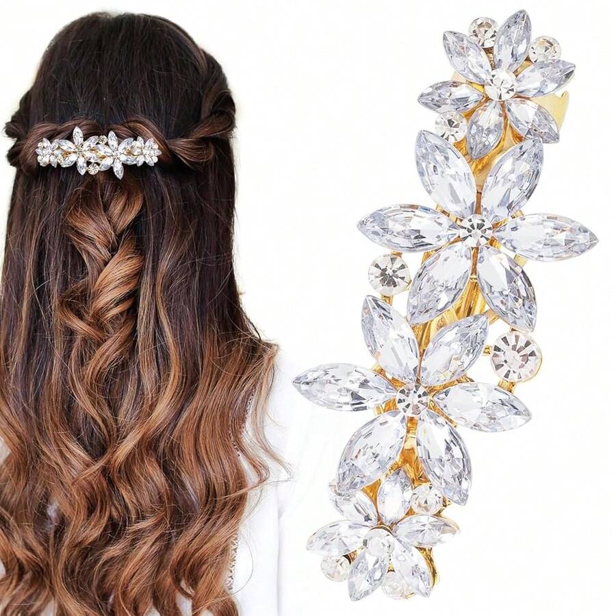 Crystal Rhinestone Hair Clip Sparkly Flower Wedding Barrettes Prom Engagement Dressy Decorative Fancy Accessories For Bride Women Thick Long Hair - White - 查看 1