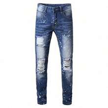 Pantalones largos de marca con diseño rasgado y agujeros, sueltos y de pierna recta - Azul - Ver 10